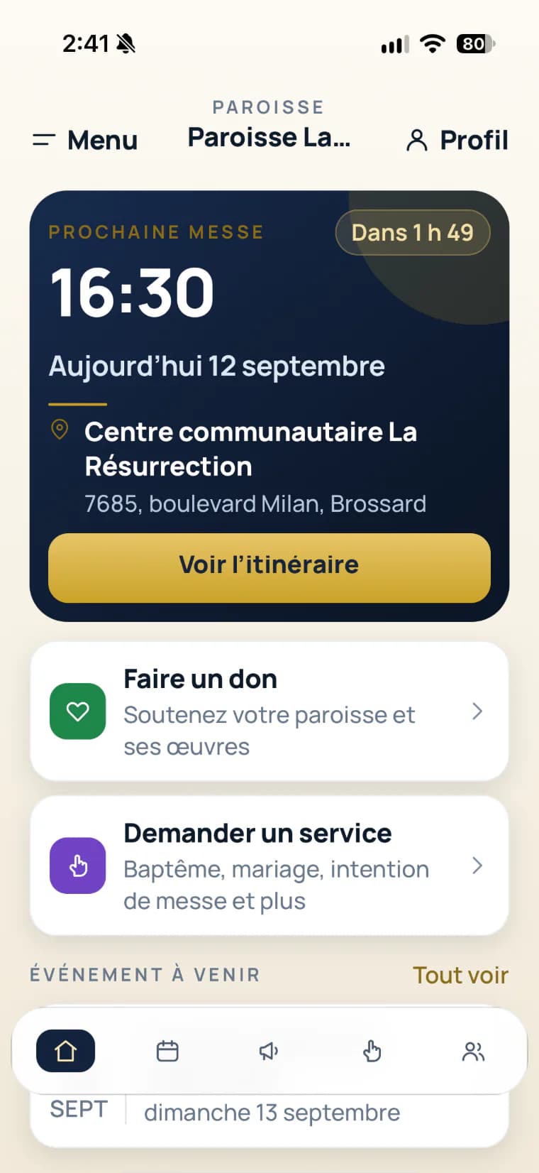 Écran d’accueil de l’application : prochaine messe et itinéraire