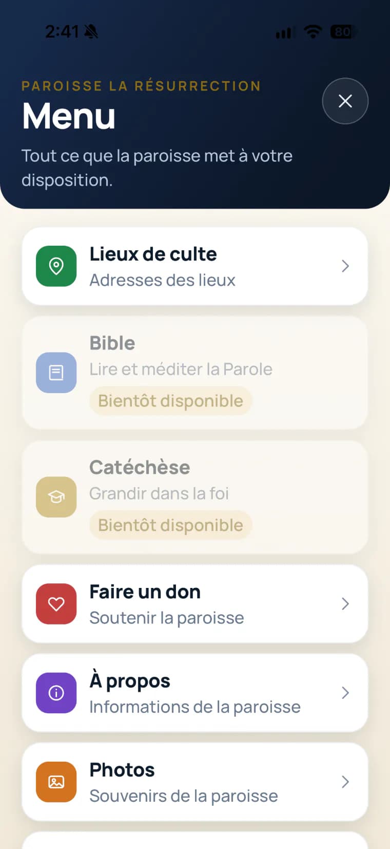 Menu de l’application : lieux de culte, photos, don, salles à louer