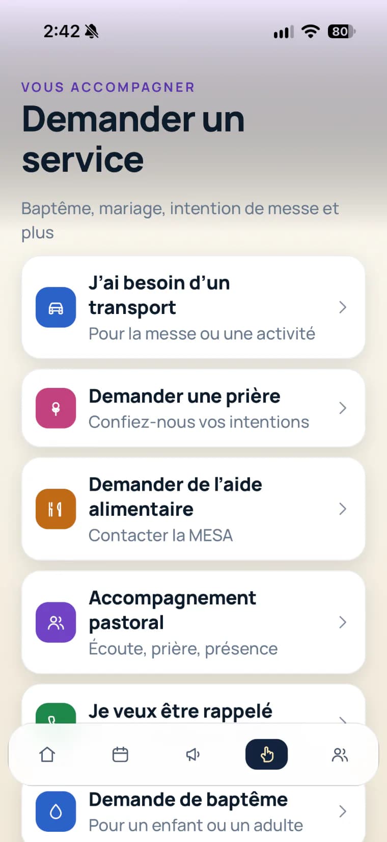 Écran Services : transport, prière, baptême, mariage